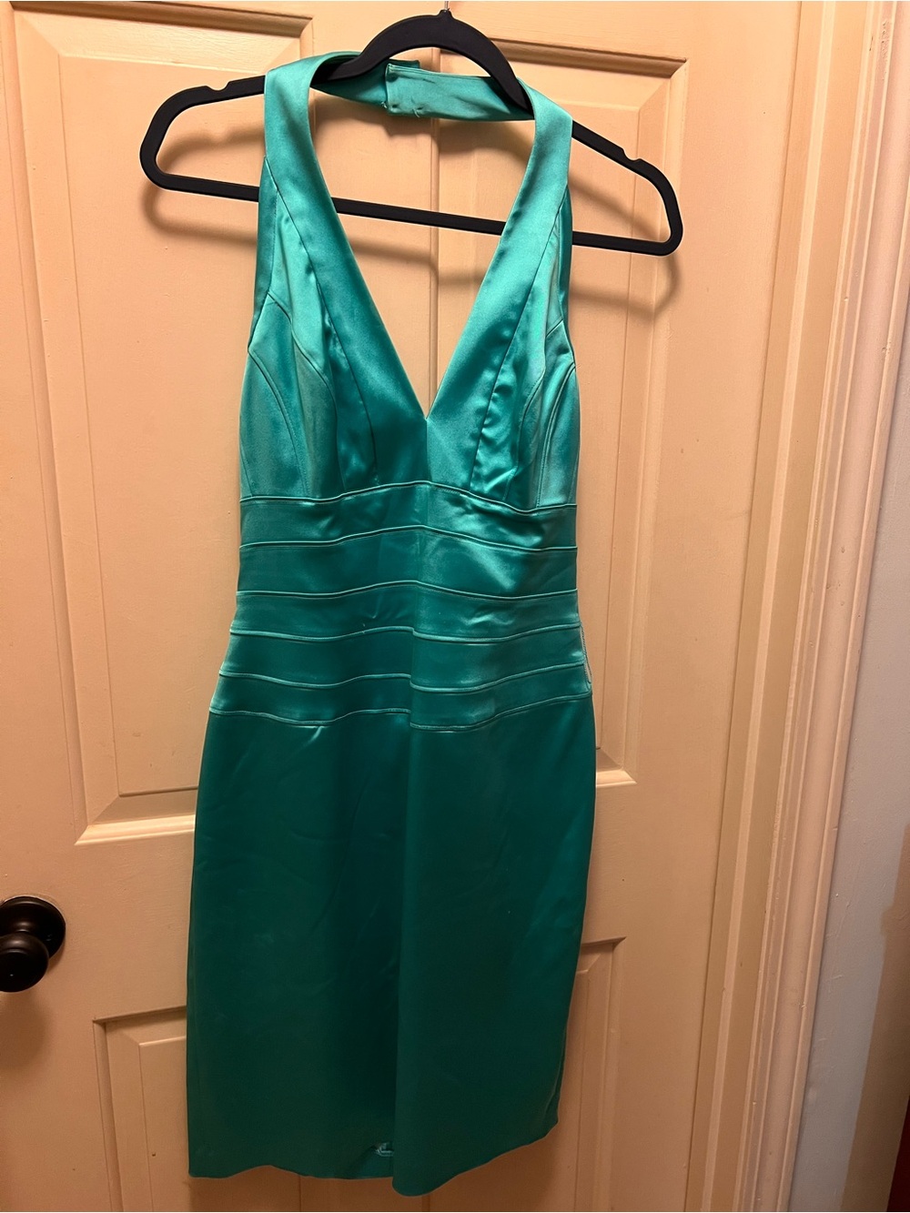 Cache Teal Halter Satin V-Neck Sheath Dress